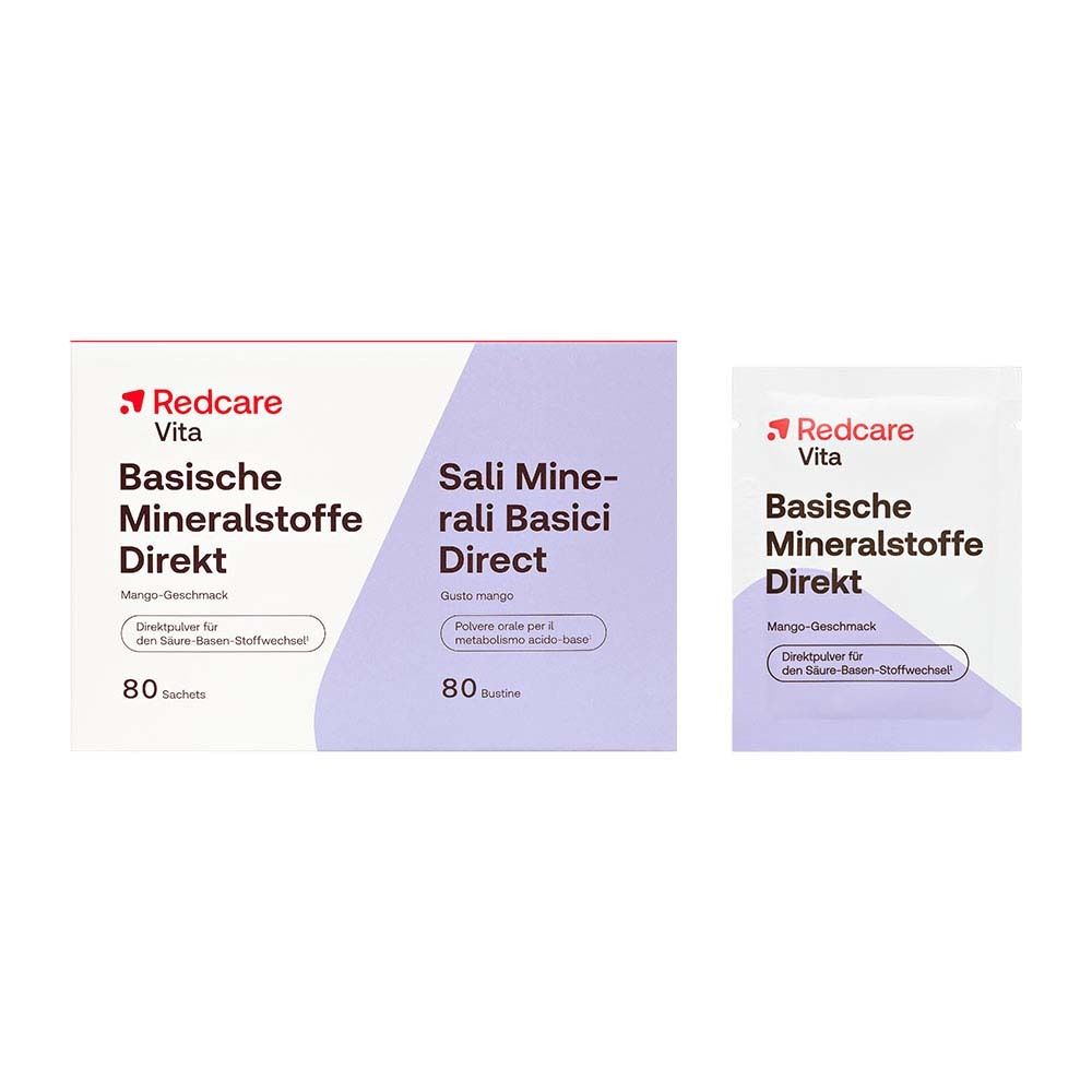 Boîte et sachet Redcare Basische Mineralstoffe Direkt. Goût mangue, 80 sachets.
