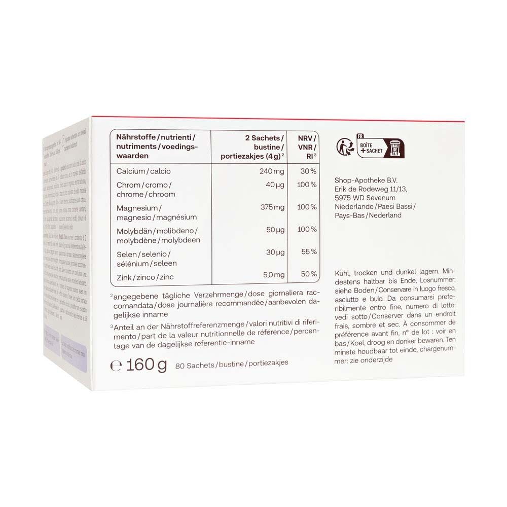 Dos de l'emballage Redcare Basische Mineralstoffe Direkt. Tableau nutritionnel et texte.