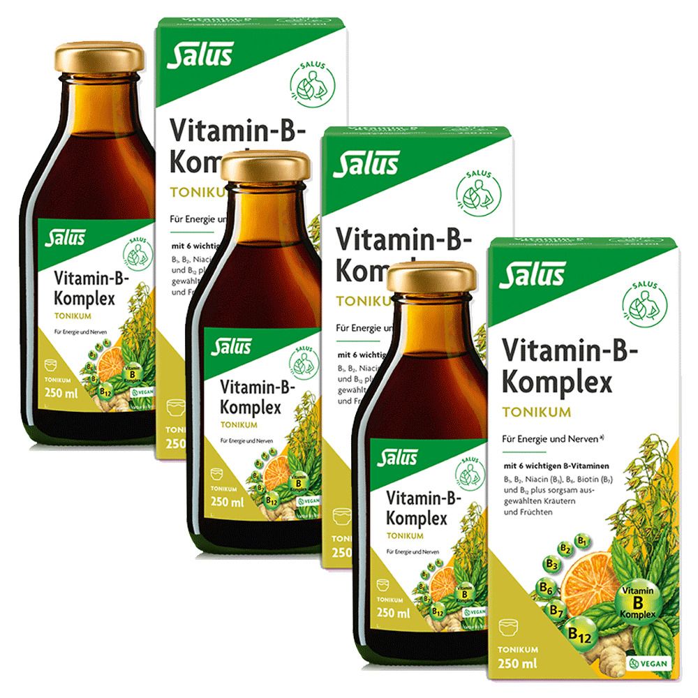 Mehrere Flaschen und Kartons mit dem Produkt Vitamin-B-Komplex Tonikum. Aufschrift: Salus, Vitamin-B-Komplex, 250 ml.