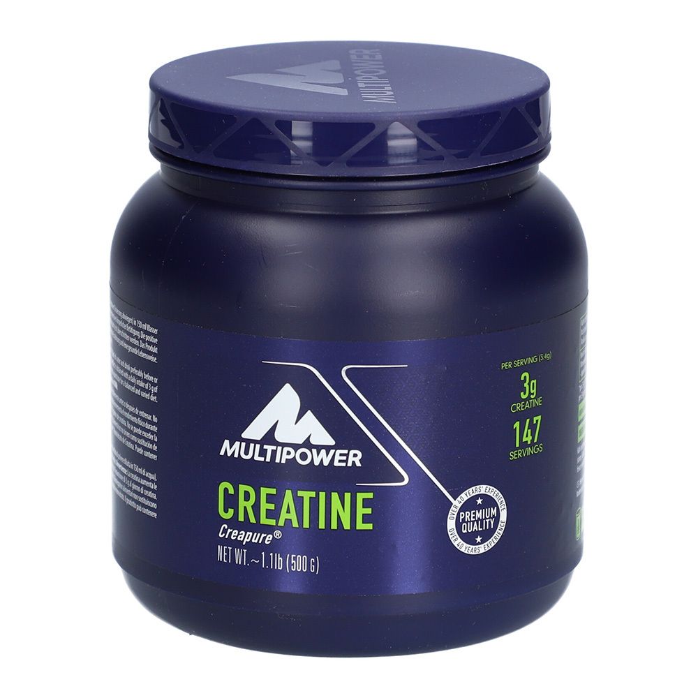 Dunkelblaue Dose mit Deckel. Aufschrift: Multipower Creatine, Creapure. Enthält 147 Portionen. Premium Quality Siegel.