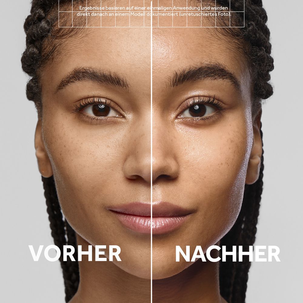 Vorher-Nachher-Vergleich eines Gesichts, das die Wirkung eines Hautpflegeprodukts zeigt.