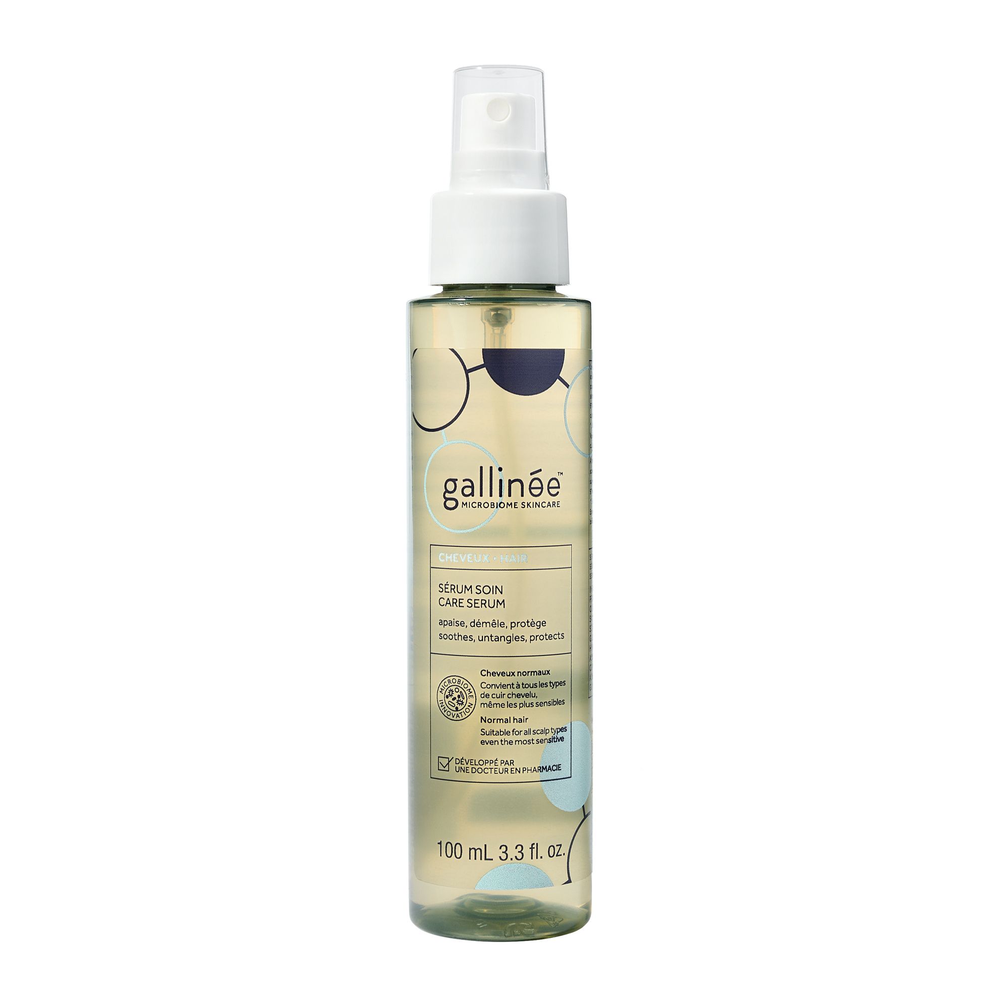 Flacon de sérum capillaire avec vaporisateur. Transparent, étiqueté. Marque : Gallinée. 100 ml.