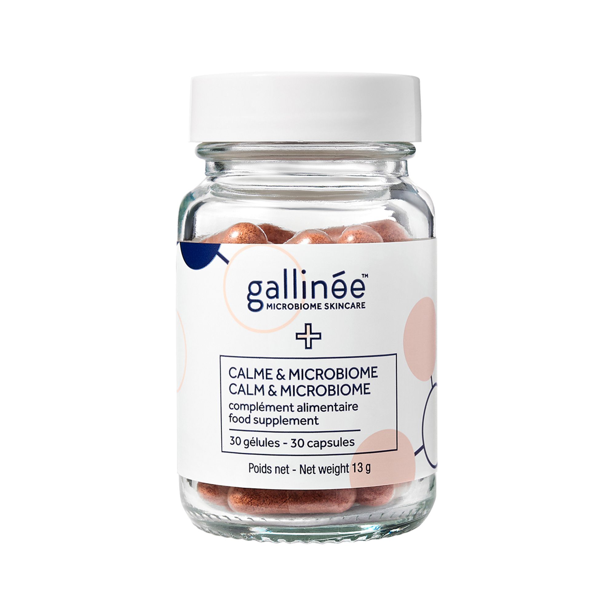 Flacon en verre de gélules. Inscription: Gallinée Calm & Microbiome. 30 gélules.