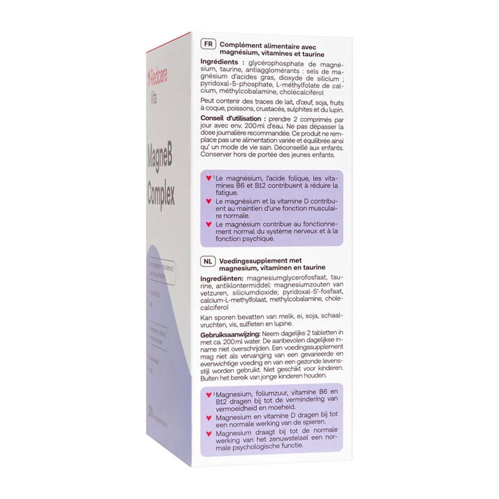 Dos de la boîte de Redcare Vita MagneB Complex. Contient des informations sur les ingrédients et le dosage en plusieurs langues.