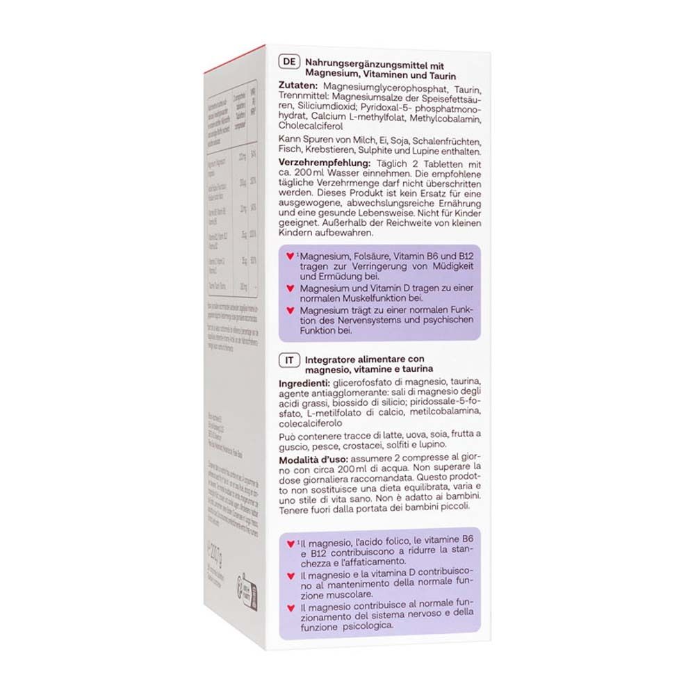 Vue latérale de la boîte de Redcare Vita MagneB Complex. Contient des informations sur les ingrédients et le dosage en plusieurs langues.