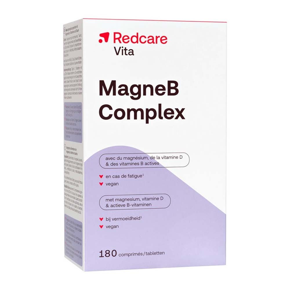 Boîte de Redcare Vita MagneB Complex. Contient 180 comprimés. Inscription : avec magnésium, vitamine D & vitamines B actives.