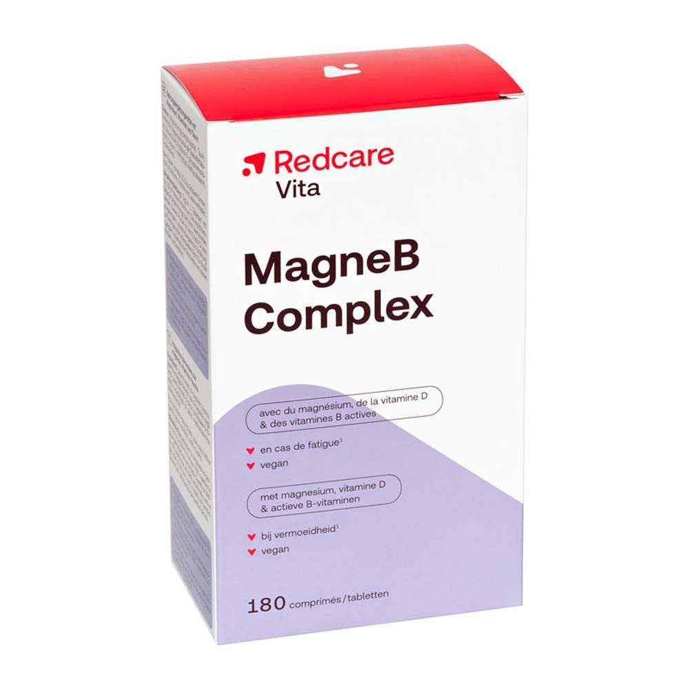 Boîte de Redcare Vita MagneB Complex. Contient 180 comprimés. Inscription : avec magnésium, vitamine D & vitamines B actives.