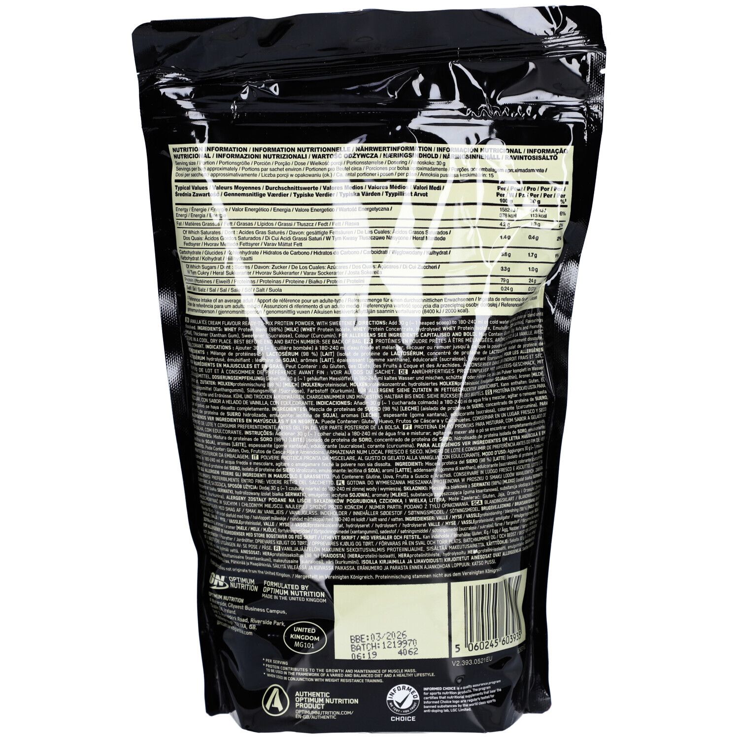 Rückseite eines Beutels mit Gold Standard 100% Whey. Enthält Nährwertangaben und Zutatenlisten. Marke: Optimum Nutrition. Schwarzer Hintergrund.