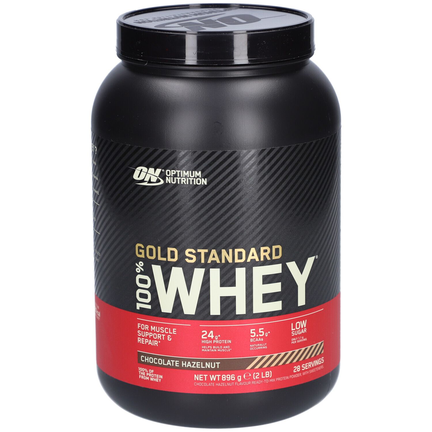 Schwarze Dose mit Gold Standard Whey. Roter Streifen mit Text. Marke Optimum Nutrition.
