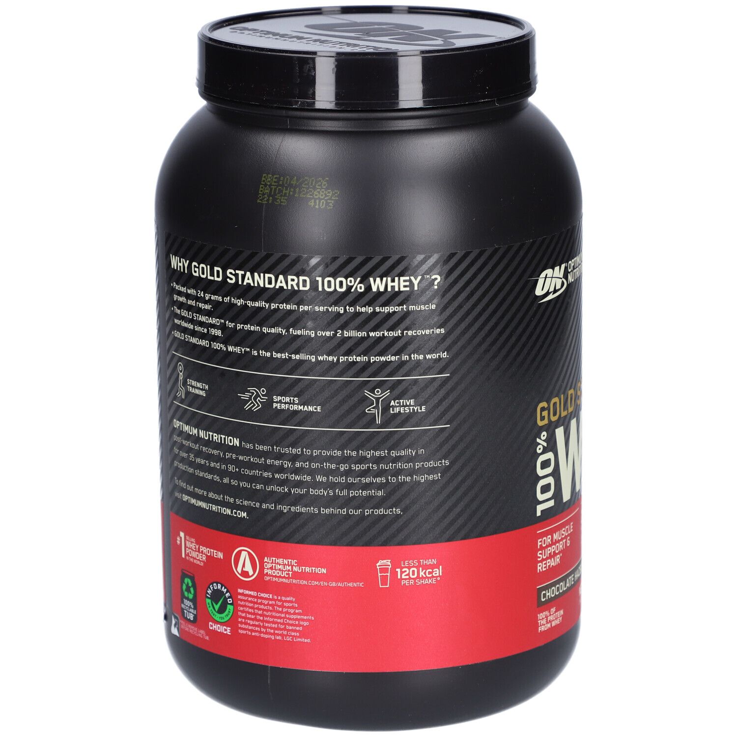 Rückseite der schwarzen Dose Gold Standard Whey. Roter Streifen mit Text. Marke Optimum Nutrition.