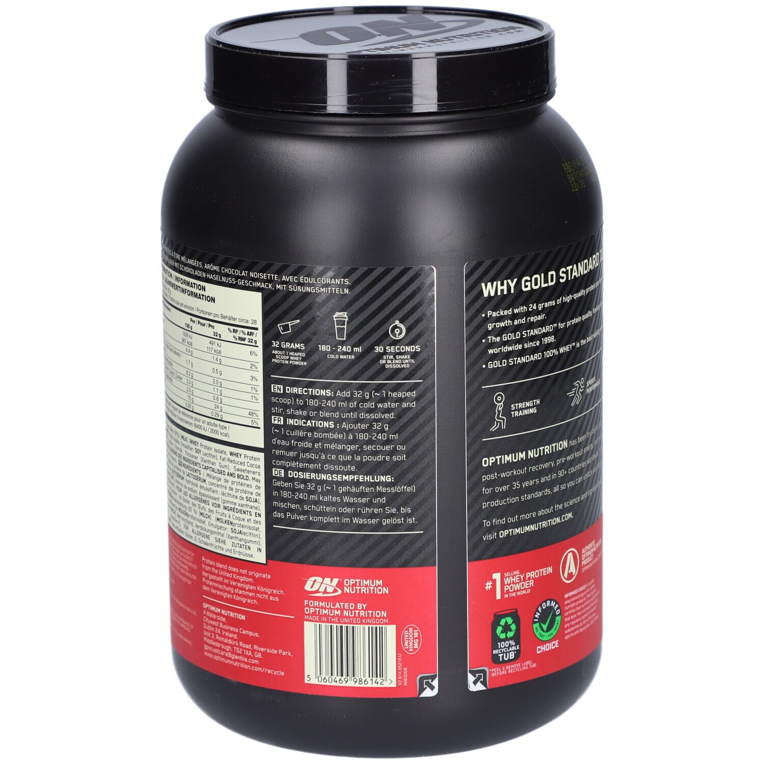 Rückseite der schwarzen Dose Gold Standard Whey. Roter Streifen mit Text. Marke Optimum Nutrition.