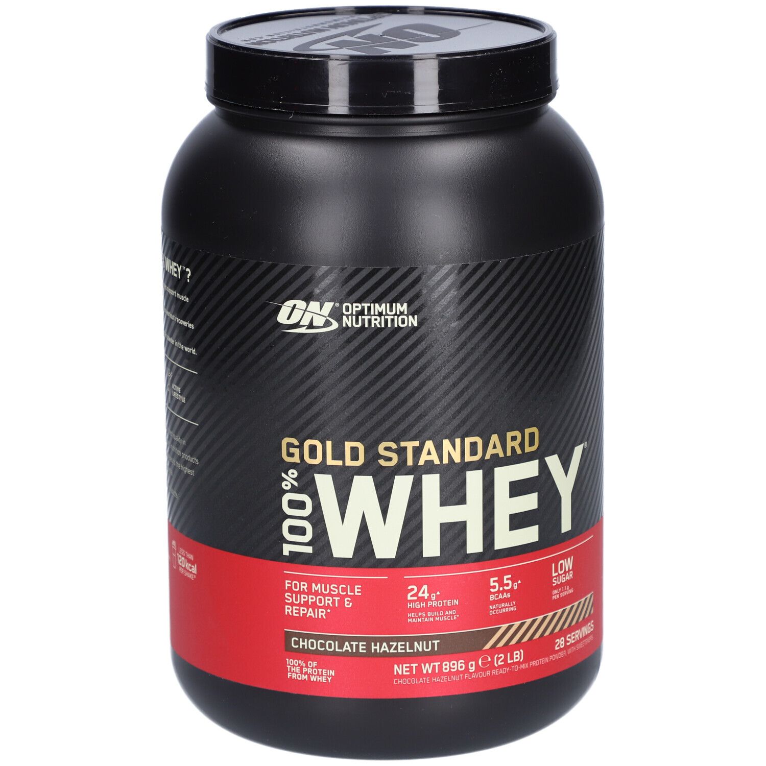Schwarze Dose mit Gold Standard Whey. Roter Streifen mit Text. Marke Optimum Nutrition.