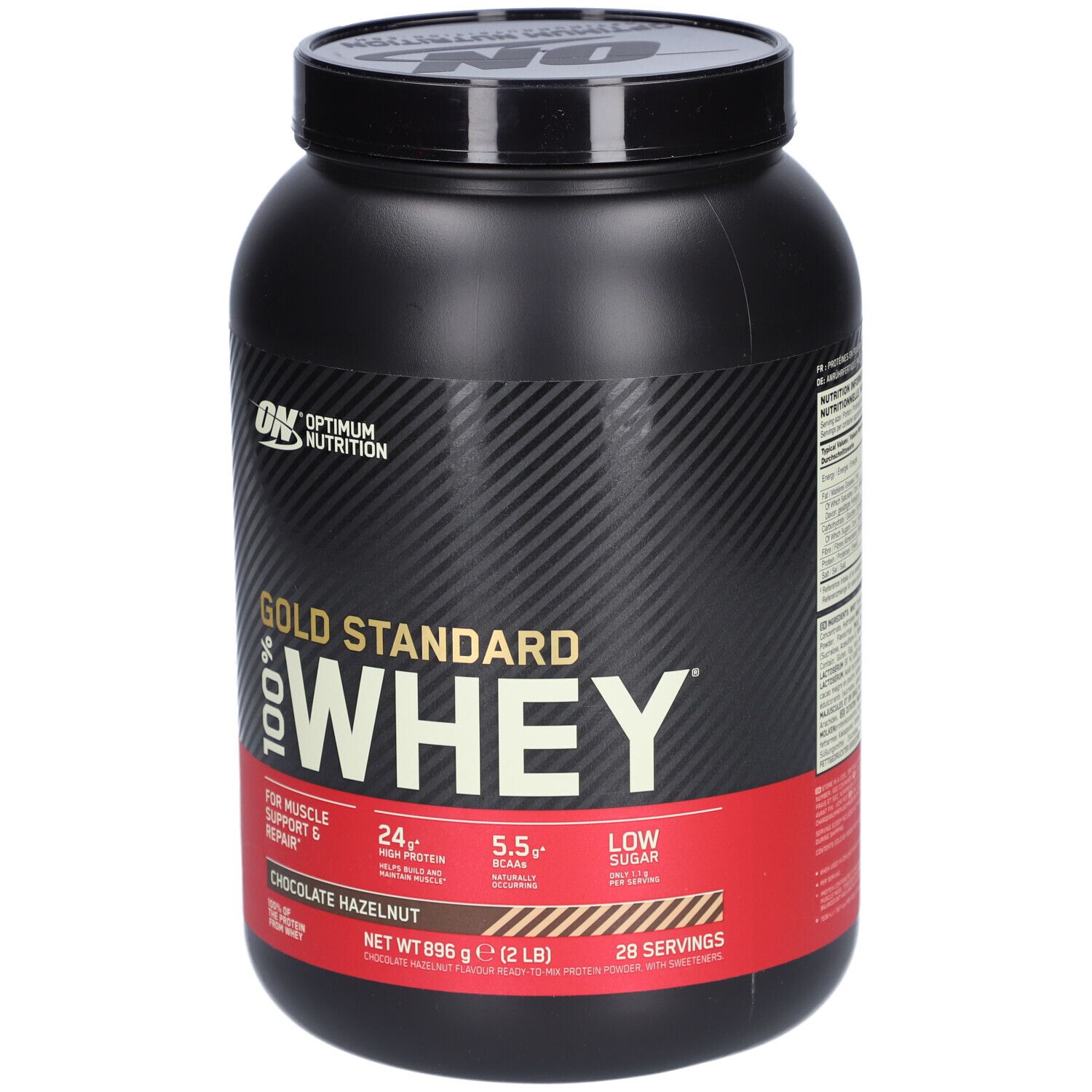 Schwarze Dose mit Gold Standard Whey. Roter Streifen mit Text. Marke Optimum Nutrition.