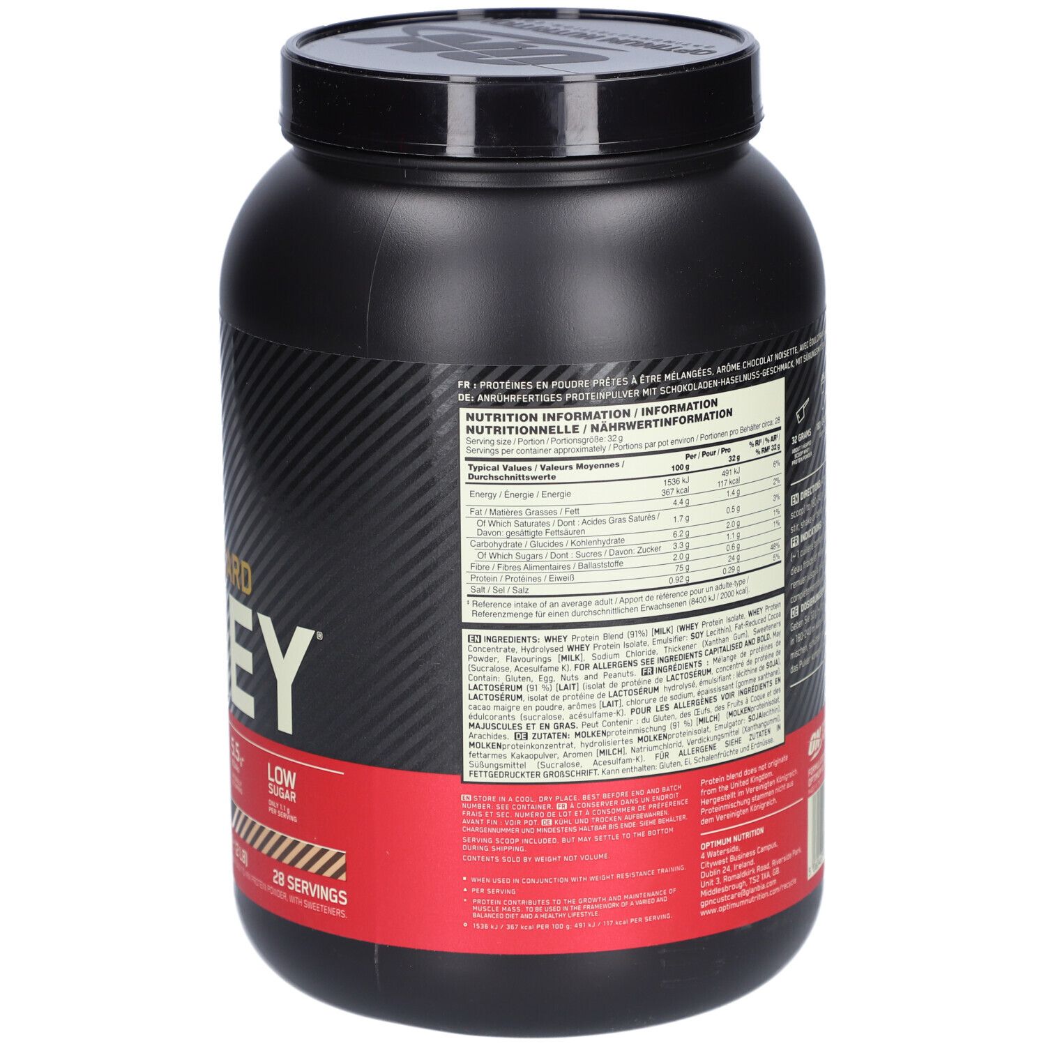 Rückseite der schwarzen Dose Gold Standard Whey. Roter Streifen mit Text. Marke Optimum Nutrition.