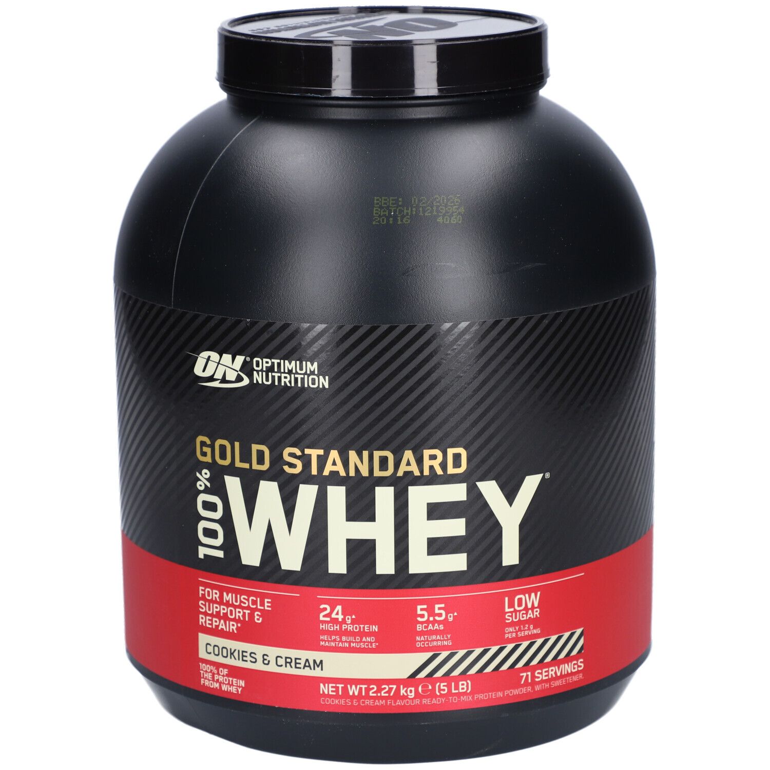 Schwarzer Behälter mit rotem Band. Aufschrift: Gold Standard 100% Whey, Cookies & Cream. 2,27 kg (5 lb).