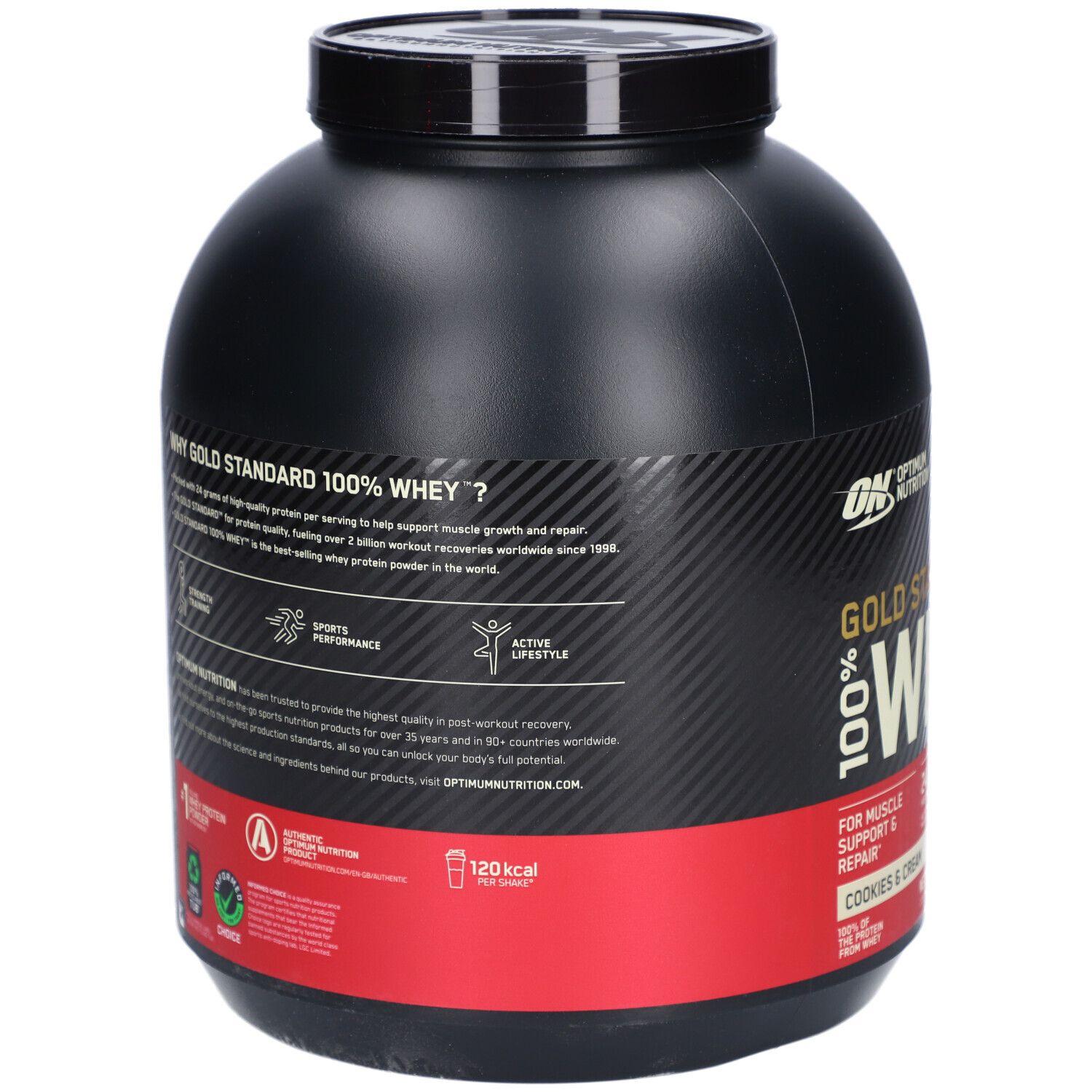 Rückseite des schwarzen Behälters. Text: Gold Standard 100% Whey. Informationen zu Nährwerten und Inhaltsstoffen.