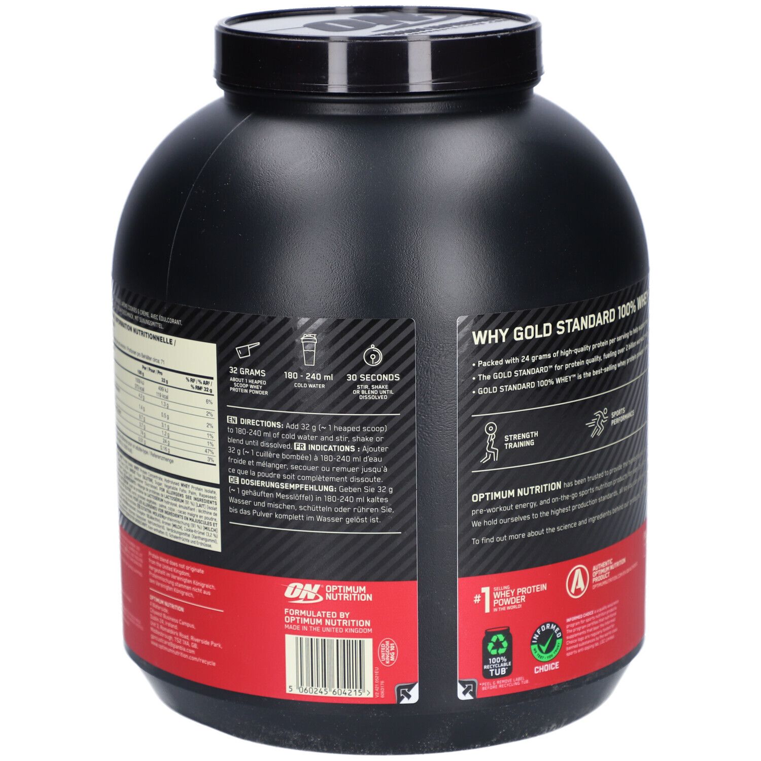 Rückseite des schwarzen Behälters. Text: Gold Standard 100% Whey. Nährwertangaben, Zubereitungshinweise.