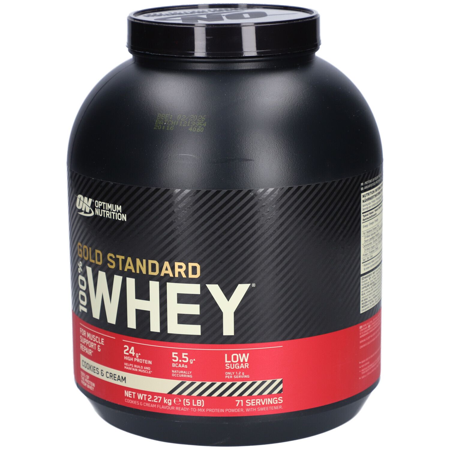 Schwarzer Behälter mit rotem Band. Aufschrift: Gold Standard 100% Whey, Cookies & Cream. 2,27 kg (5 lb).