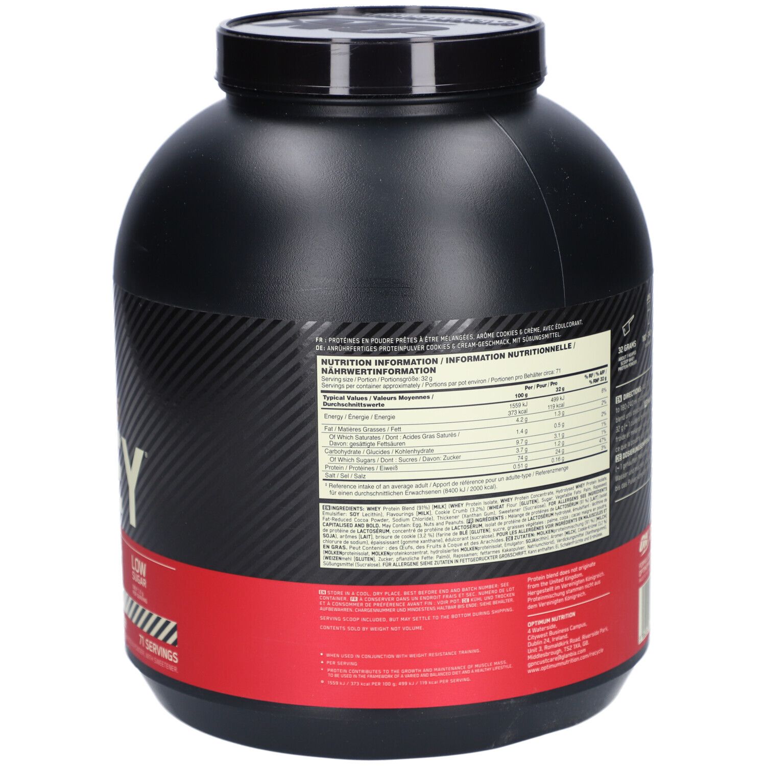 Rückseite des schwarzen Behälters. Text: Gold Standard 100% Whey. Nährwertangaben, Inhaltsstoffe.