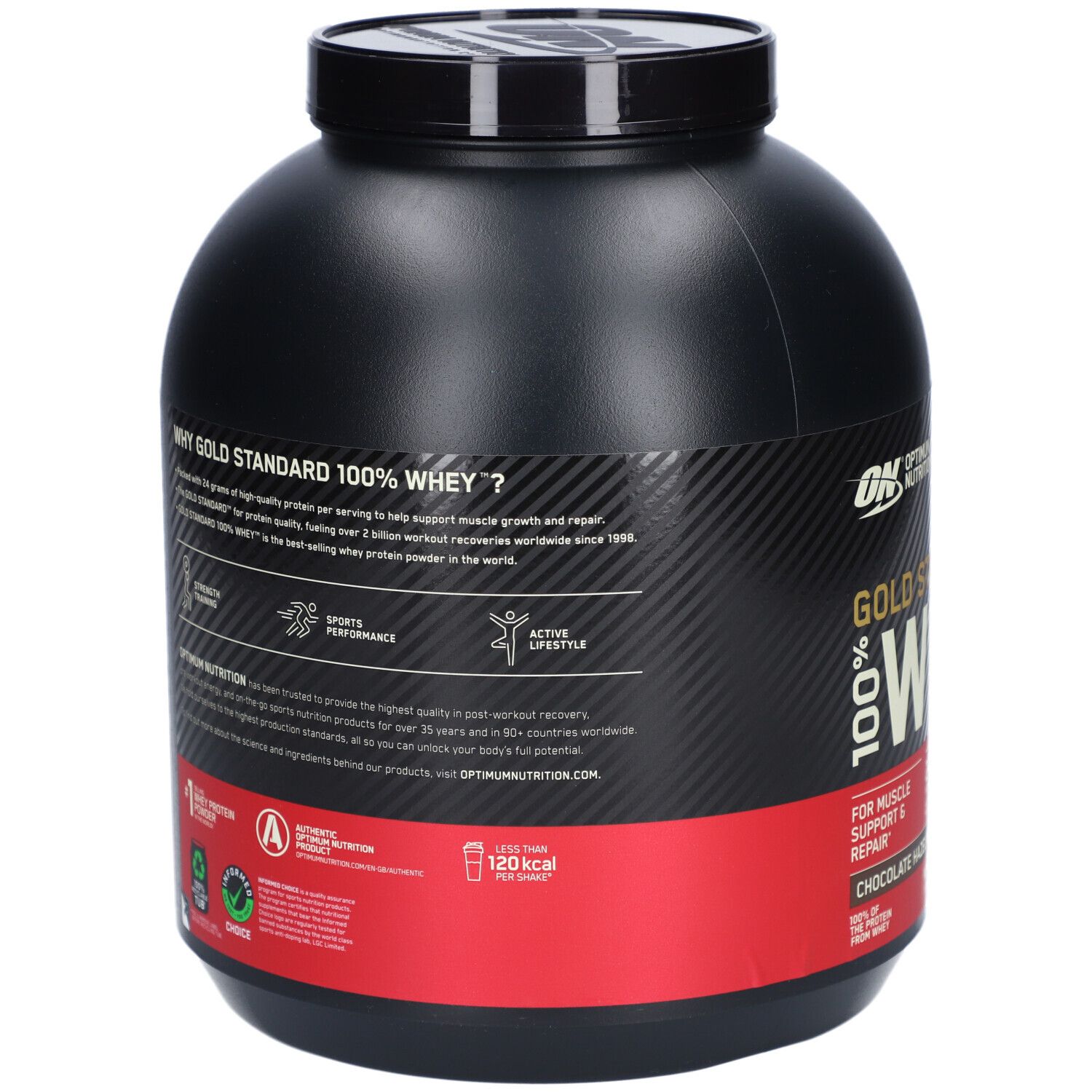 Schwarze Dose mit rotem Etikett. Text: Gold Standard 100% Whey. Rückseite mit Informationen und Logo.