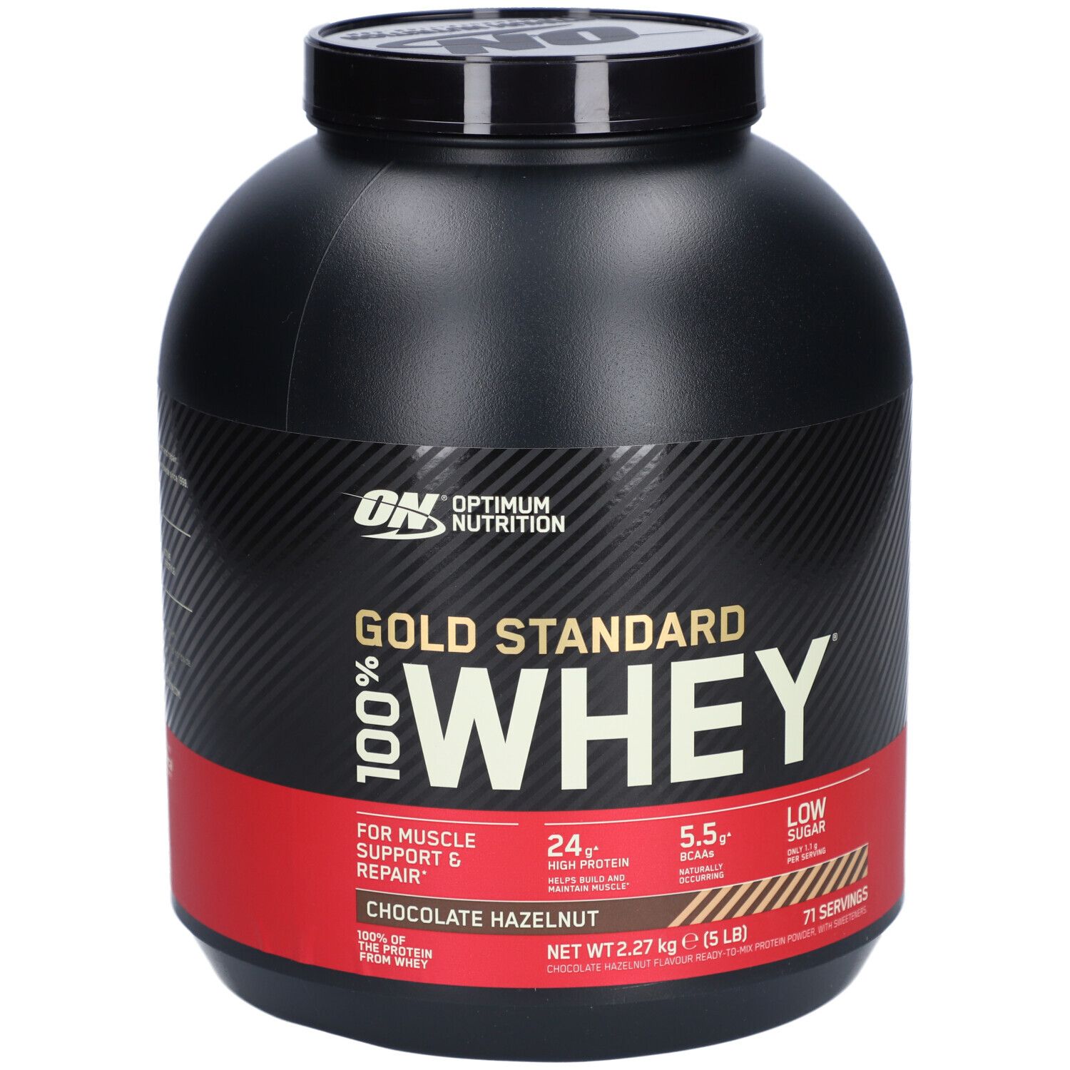 Schwarze Dose mit rotem Etikett. Aufschrift: Gold Standard 100% Whey, Schoko-Haselnuss. 71 Portionen.