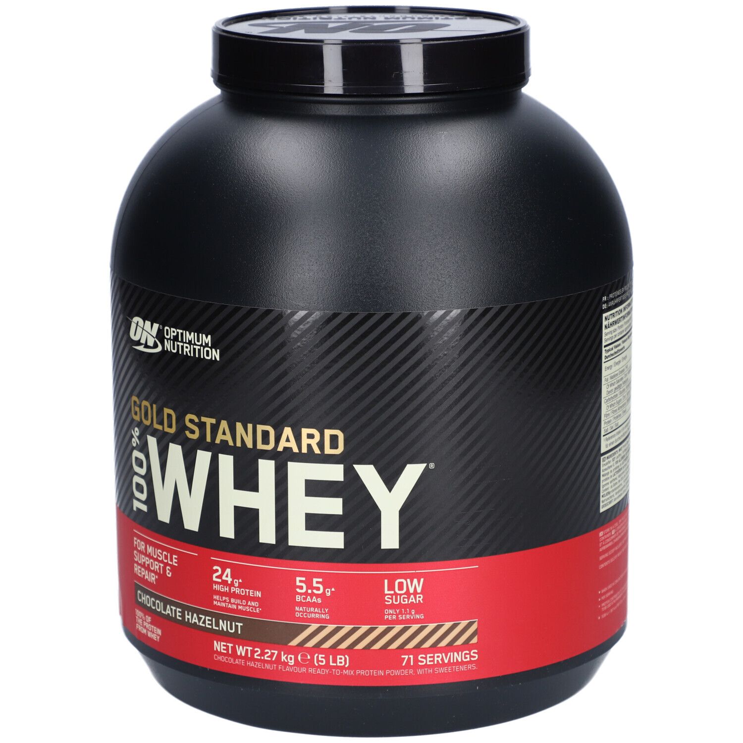 Schwarze Dose mit rotem Etikett. Aufschrift: Gold Standard 100% Whey, Schoko-Haselnuss. 71 Portionen.
