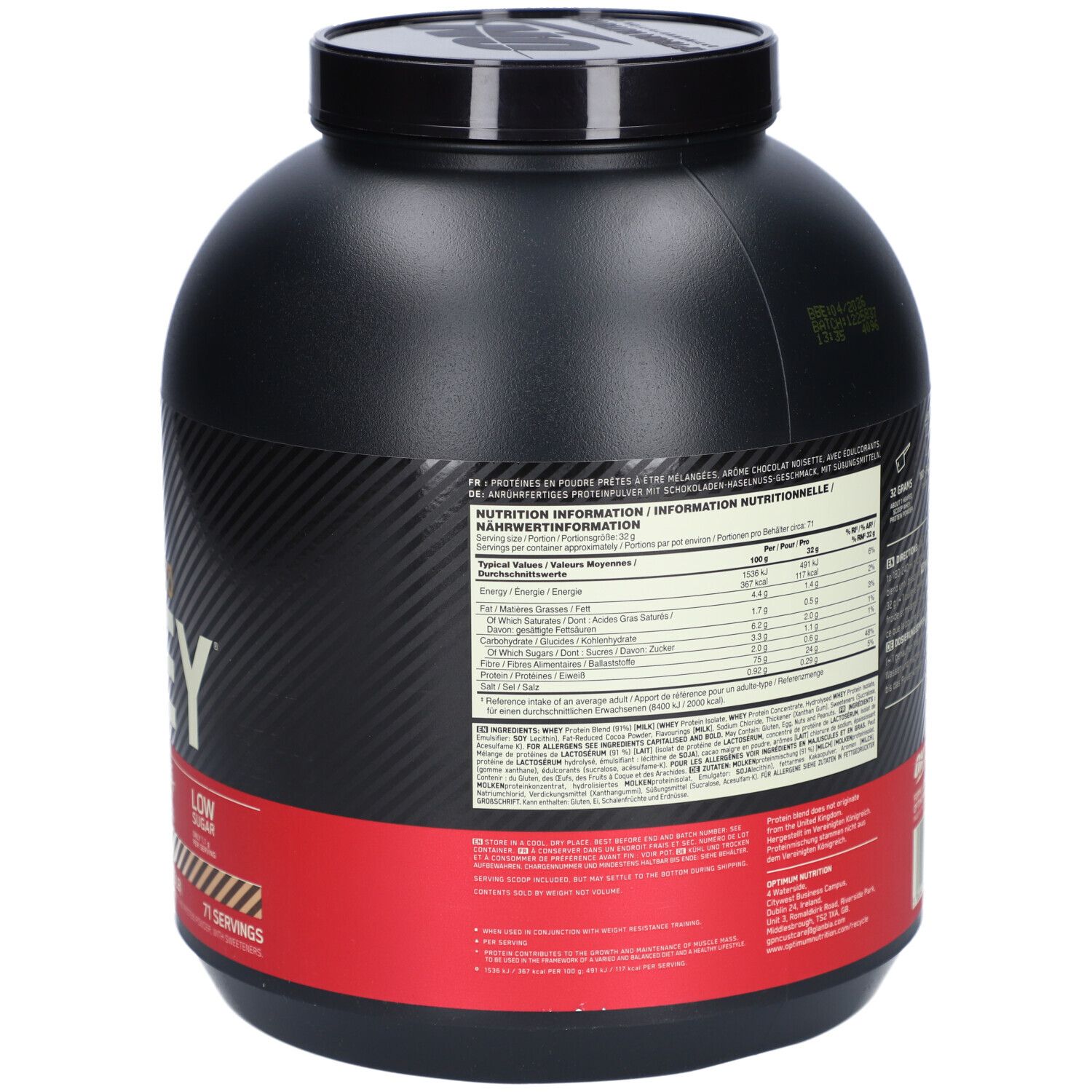 Schwarze Dose mit rotem Etikett. Rückseite mit Nährwertangaben und Informationen.