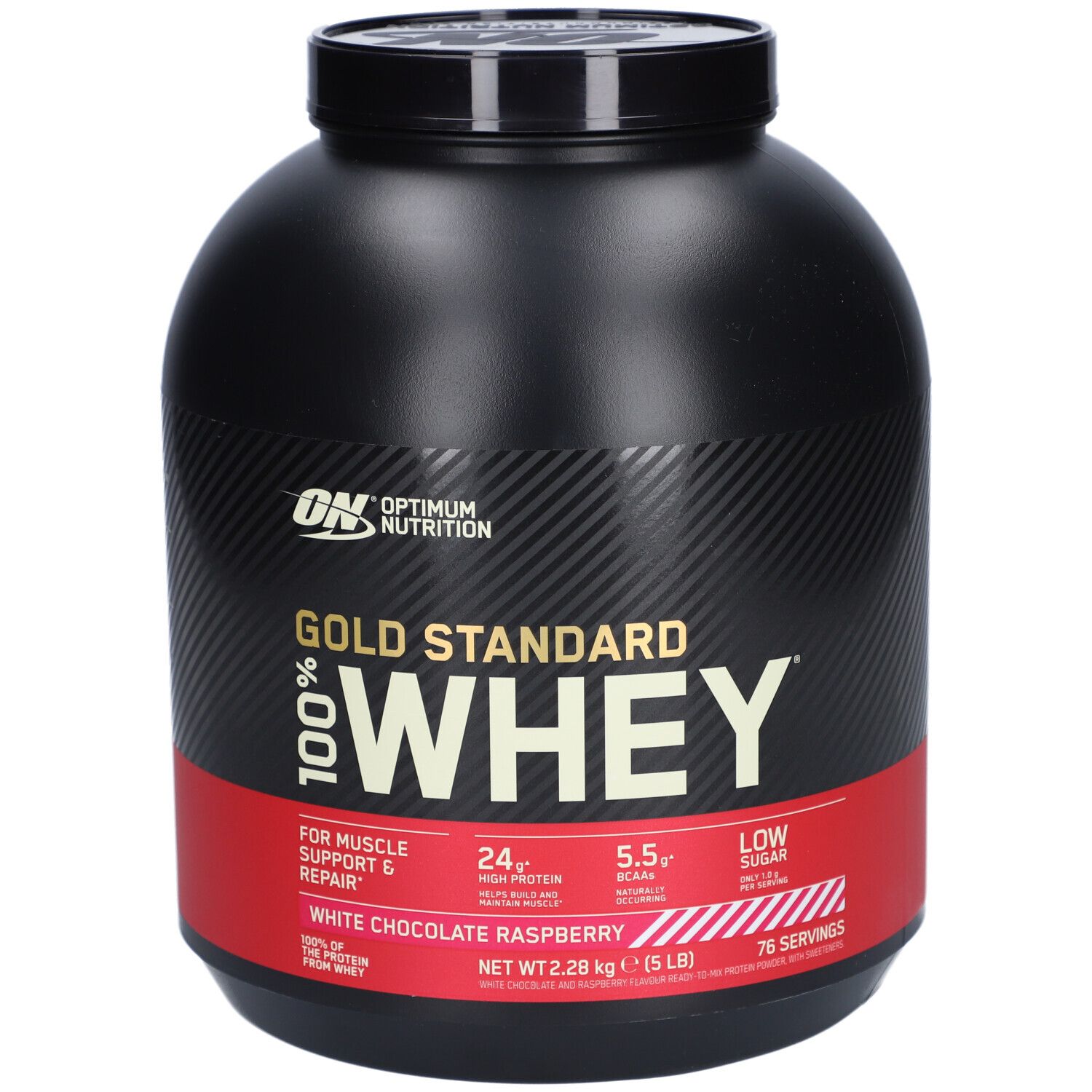 Schwarzer Behälter mit ON Gold Standard Whey. Roter Streifen mit Text. 76 Portionen, 2,28 kg. Geschmack: White Chocolate Raspberry.