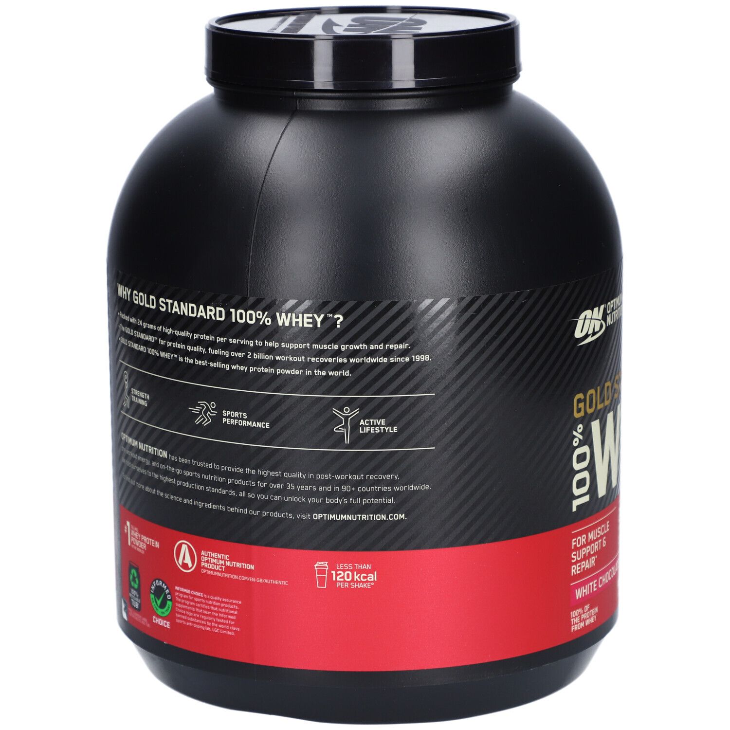 Rückseite des schwarzen Behälters ON Gold Standard Whey. Text über Vorteile und Inhaltsstoffe. Logo und Zertifizierungen.