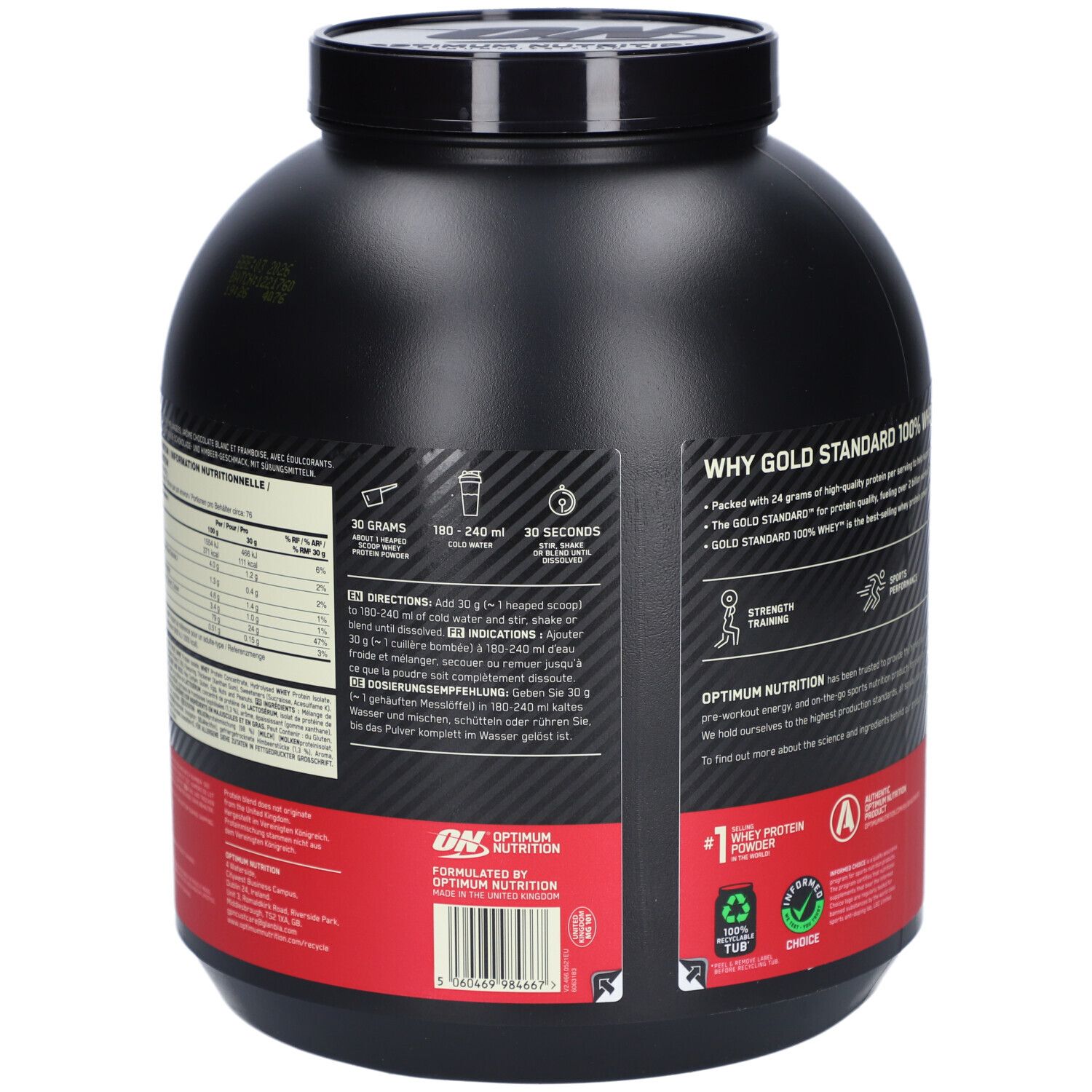 Rückseite des schwarzen Behälters ON Gold Standard Whey. Nährwertangaben und Zubereitungshinweise. Logo und Zertifizierungen.