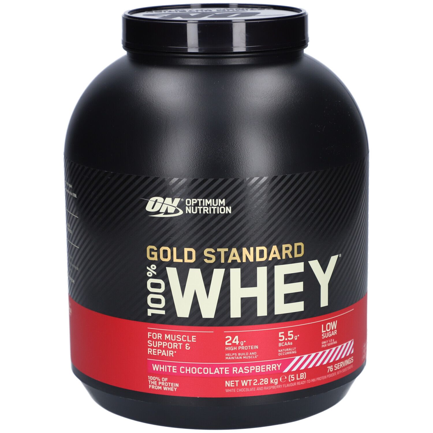 Schwarzer Behälter mit ON Gold Standard Whey. Roter Streifen mit Text. 76 Portionen, 2,28 kg. Geschmack: White Chocolate Raspberry.