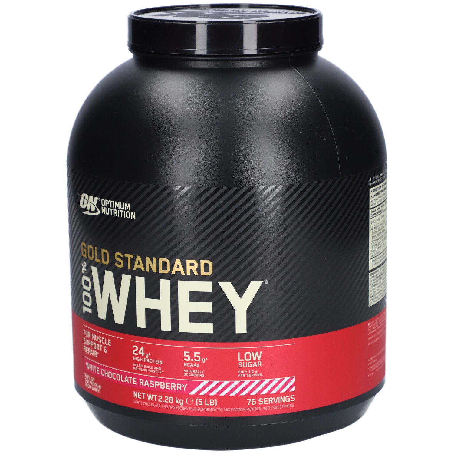 Schwarzer Behälter mit ON Gold Standard Whey. Roter Streifen mit Text. 76 Portionen, 2,28 kg. Geschmack: White Chocolate Raspberry.