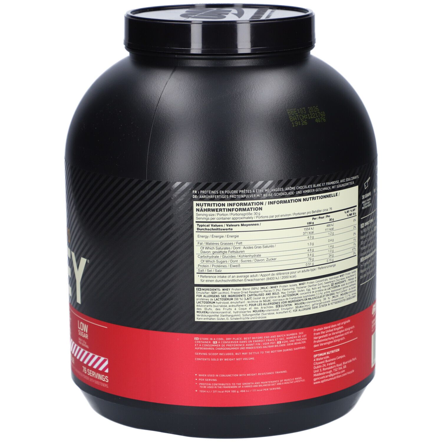 Rückseite des schwarzen Behälters ON Gold Standard Whey. Nährwertangaben und Zubereitungshinweise. Logo und Zertifizierungen.