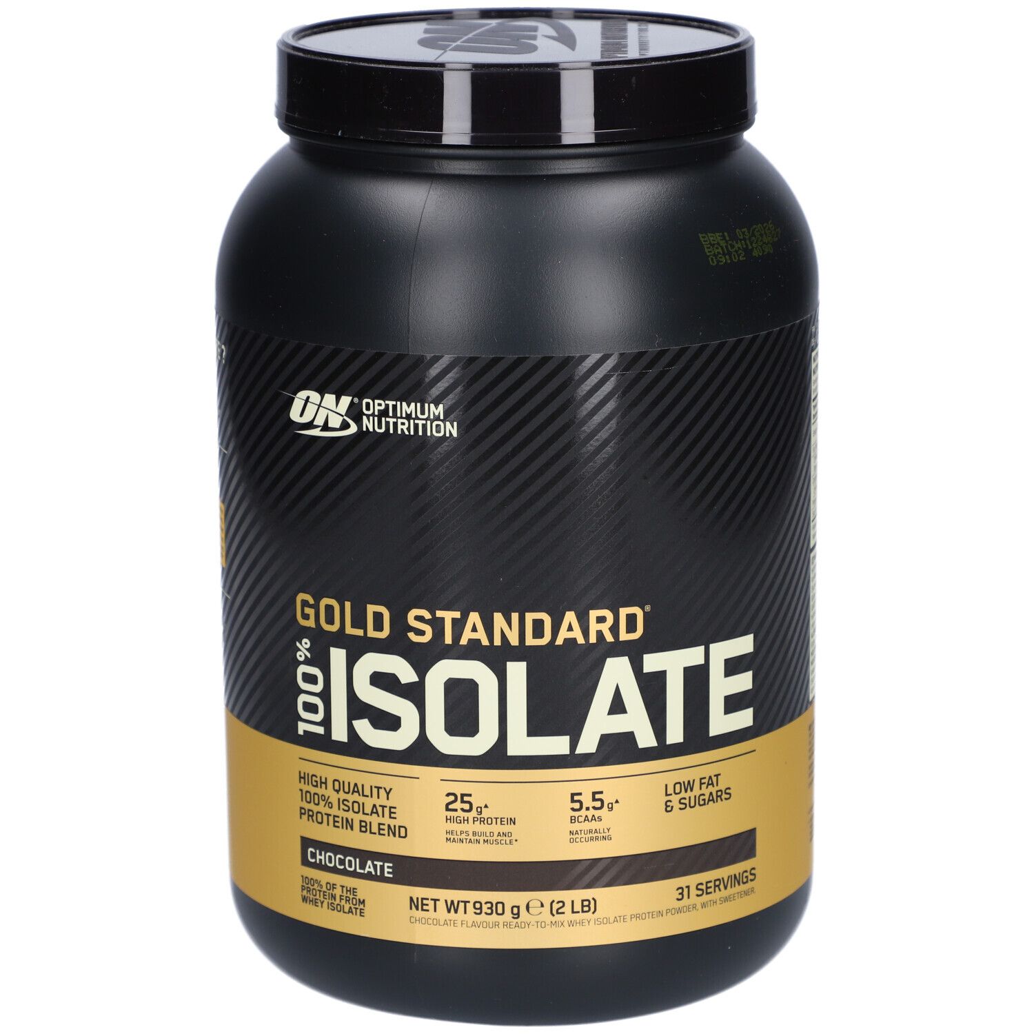 Schwarze Dose mit Gold Standard 100% Isolate. Aufschrift: 25g Protein, 5.5g BCAAs, Low Fat & Sugars. Schokoladengeschmack.
