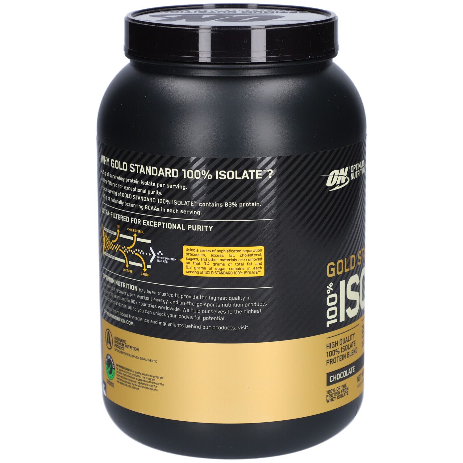Rückseite der schwarzen Dose Gold Standard 100% Isolate. Text: Warum Gold Standard 100% Isolate? Enthält 83% Protein.