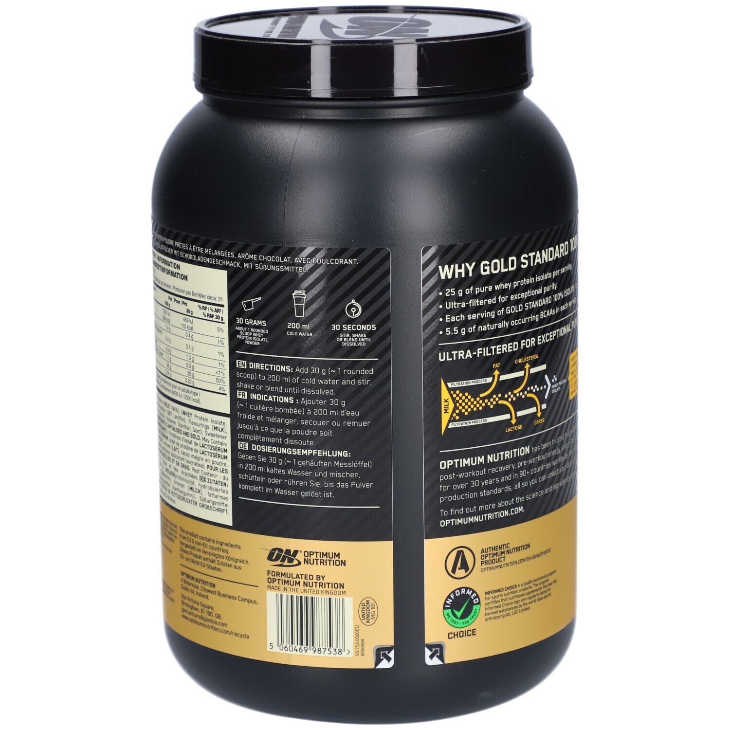 Rückseite der schwarzen Dose Gold Standard 100% Isolate. Anweisungen: 30g mit Wasser mischen. 30 Sekunden schütteln.