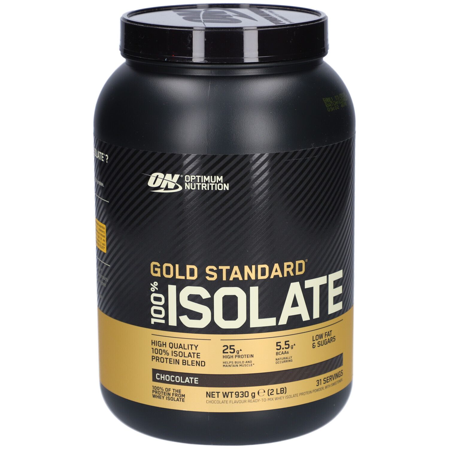 Schwarze Dose Gold Standard 100% Isolate. Aufschrift: 25g Protein, 5.5g BCAAs, Low Fat & Sugars. Schokoladengeschmack.