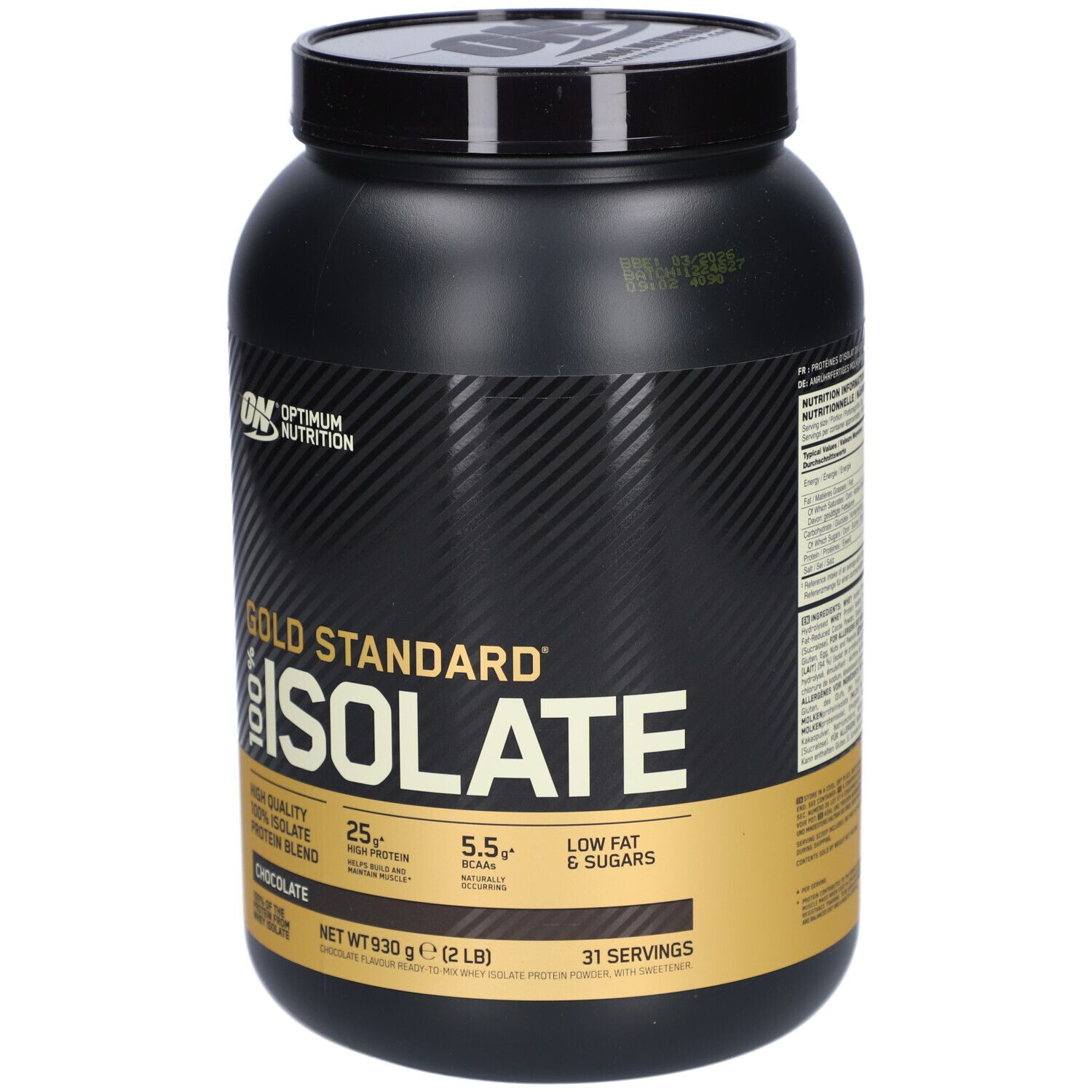 Schwarze Dose Gold Standard 100% Isolate. Aufschrift: 25g Protein, 5.5g BCAAs, Low Fat & Sugars. Schokoladengeschmack.