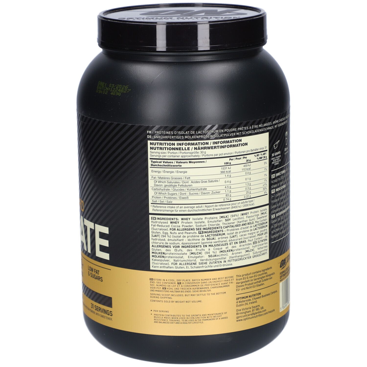 Rückseite der schwarzen Dose Gold Standard 100% Isolate. Nährwertangaben und Zutatenliste.