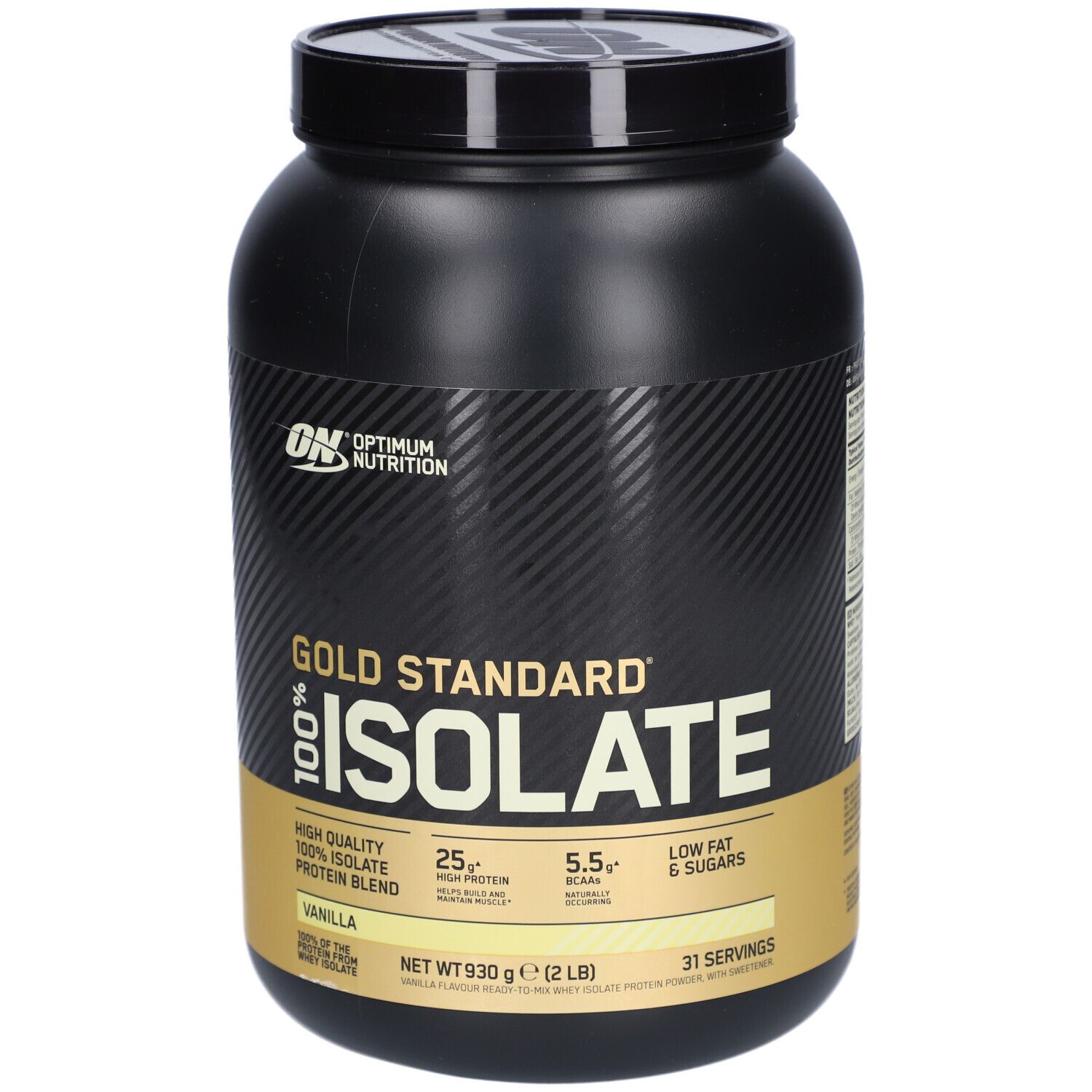 Pot noir Gold Standard 100% Isolate. Inscription: Vanille, 25g protéines, 5.5g BCAA, faible en gras et sucres.
