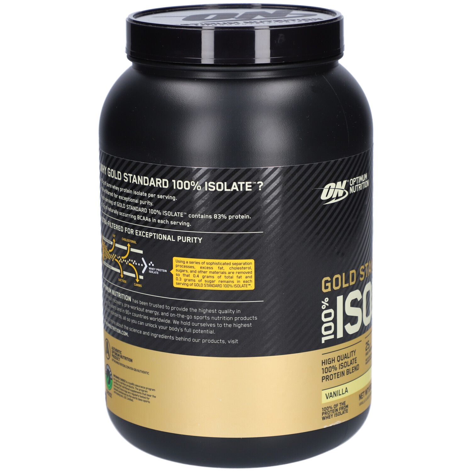 Pot noir Gold Standard 100% Isolate. Dos avec informations. Texte: Pourquoi Gold Standard 100% Isolate?