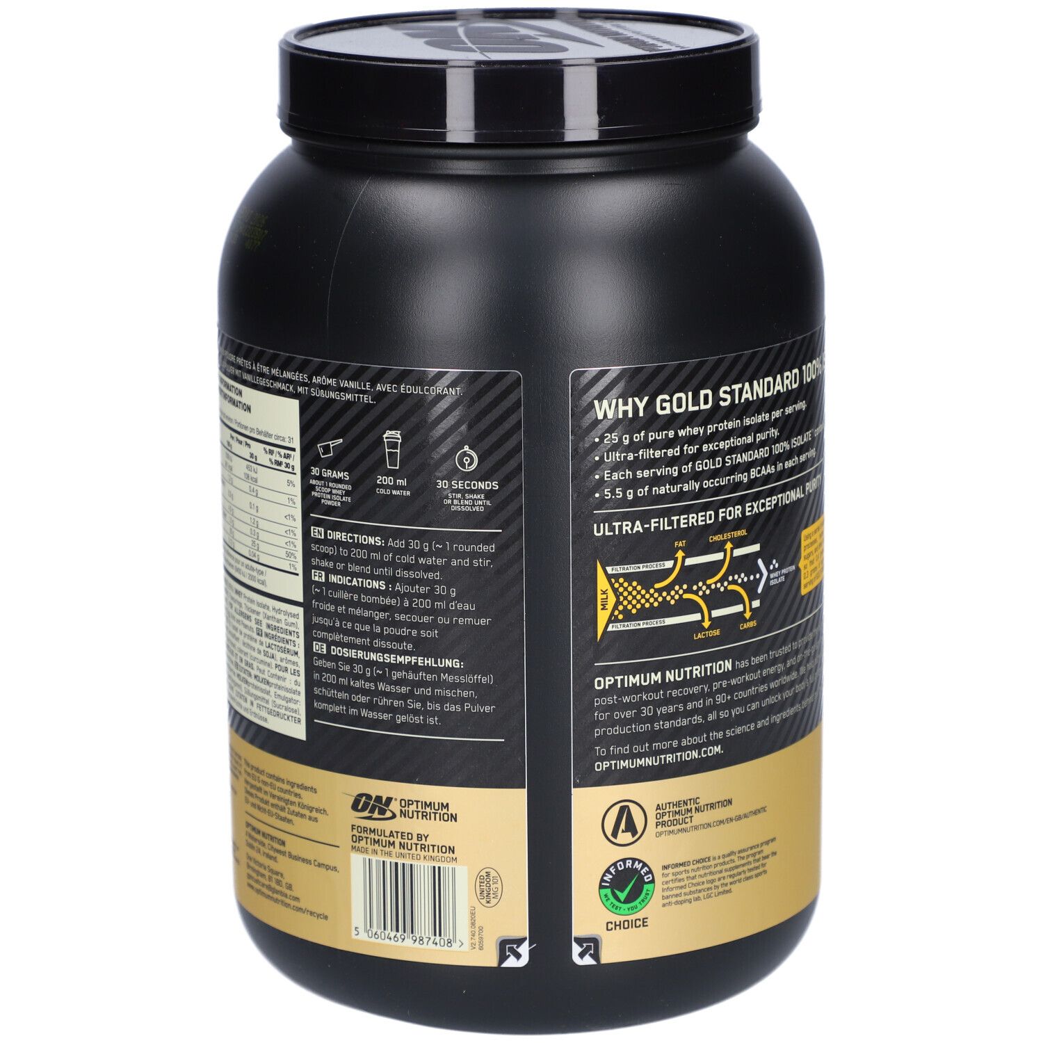 Dos du pot noir Gold Standard 100% Isolate. Informations sur les ingrédients et l'utilisation.