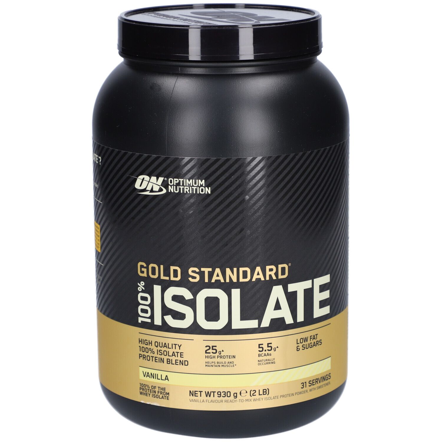 Pot noir Gold Standard 100% Isolate. Inscription: Vanille, 25g protéines, 5.5g BCAA, faible en gras et sucres.