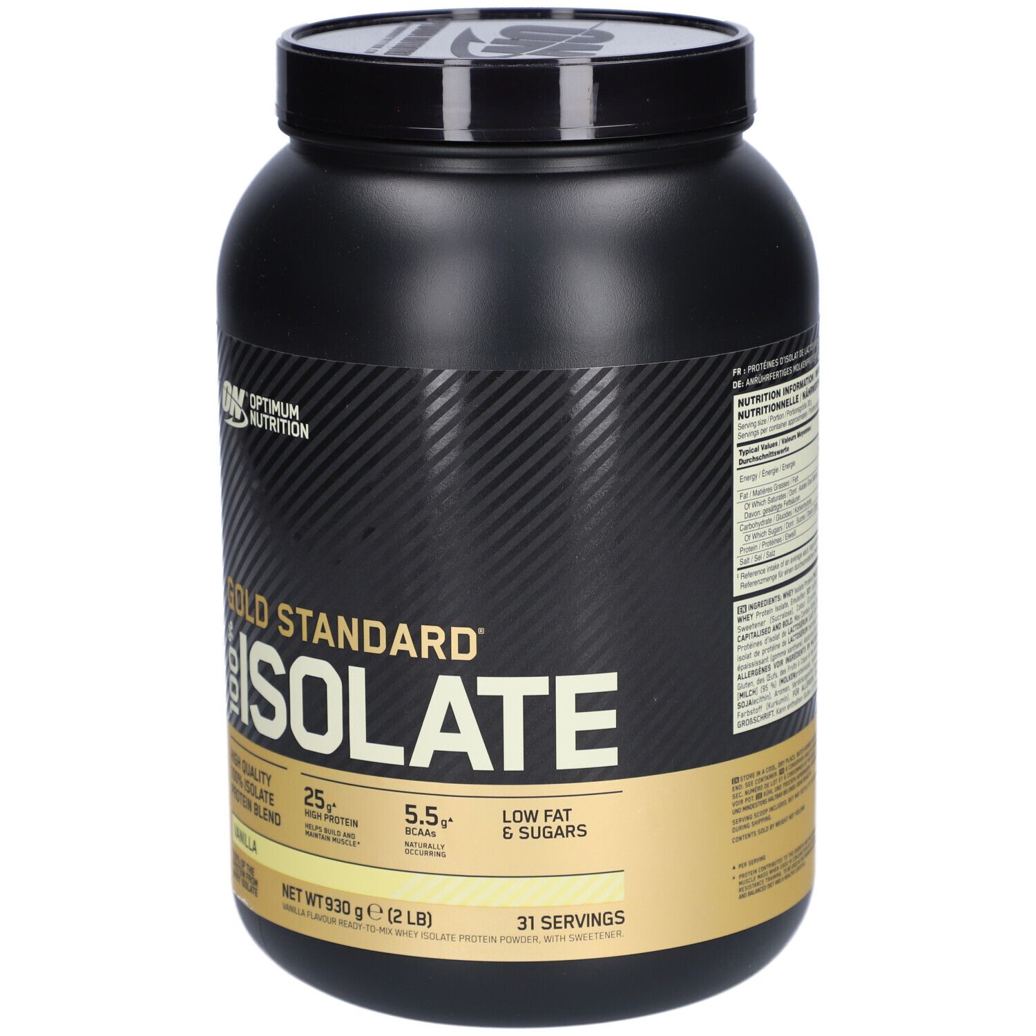 Pot noir Gold Standard 100% Isolate. Inscription: Vanille, 25g protéines, 5.5g BCAA, faible en gras et sucres.