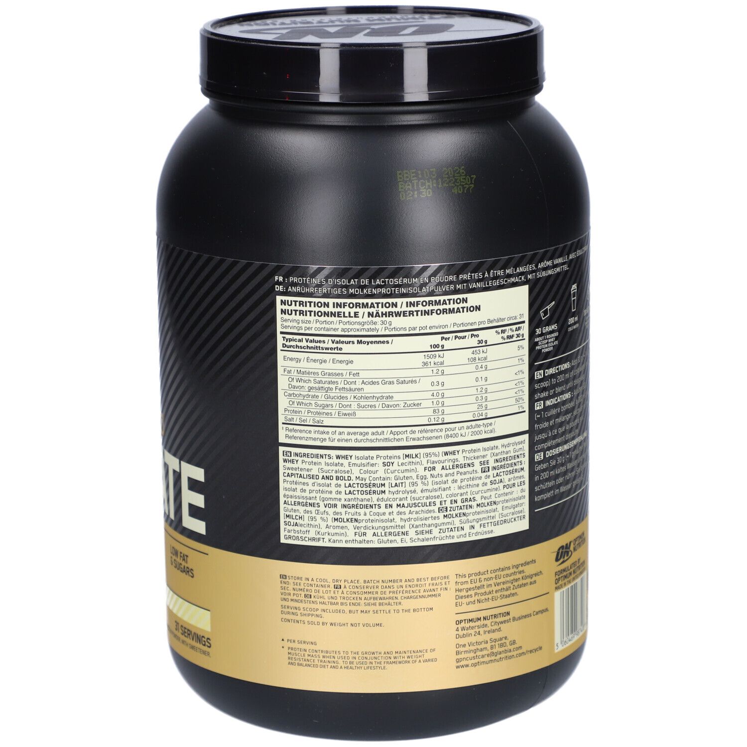 Dos du pot noir Gold Standard 100% Isolate. Informations nutritionnelles et liste des ingrédients.