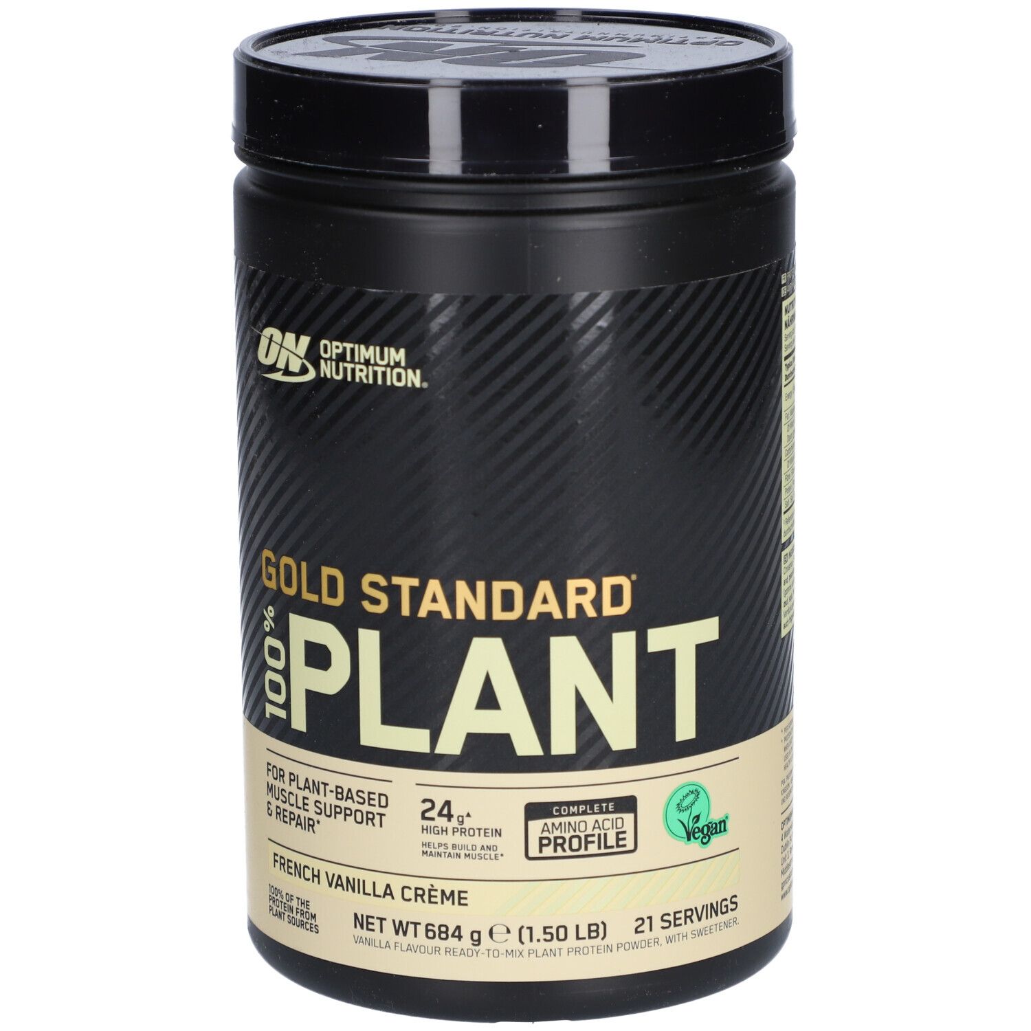 Schwarze Dose mit Produktaufdrucken. Gold Standard Plant Protein, 21 Portionen, vegan. Optimum Nutrition Logo.