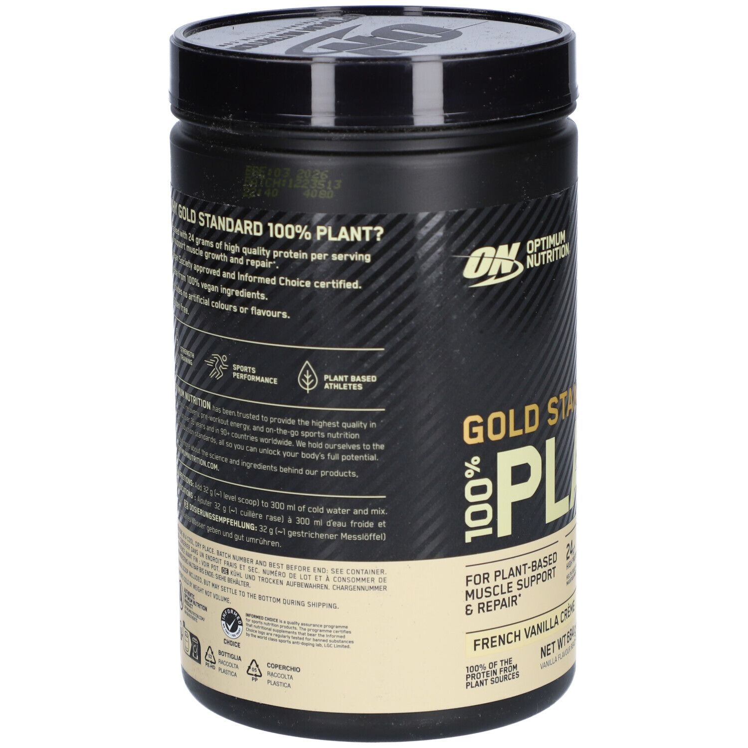 Rückseite der Dose. Text: Gold Standard 100% Plant. Vegan, Sports Performance. Optimum Nutrition Logo.