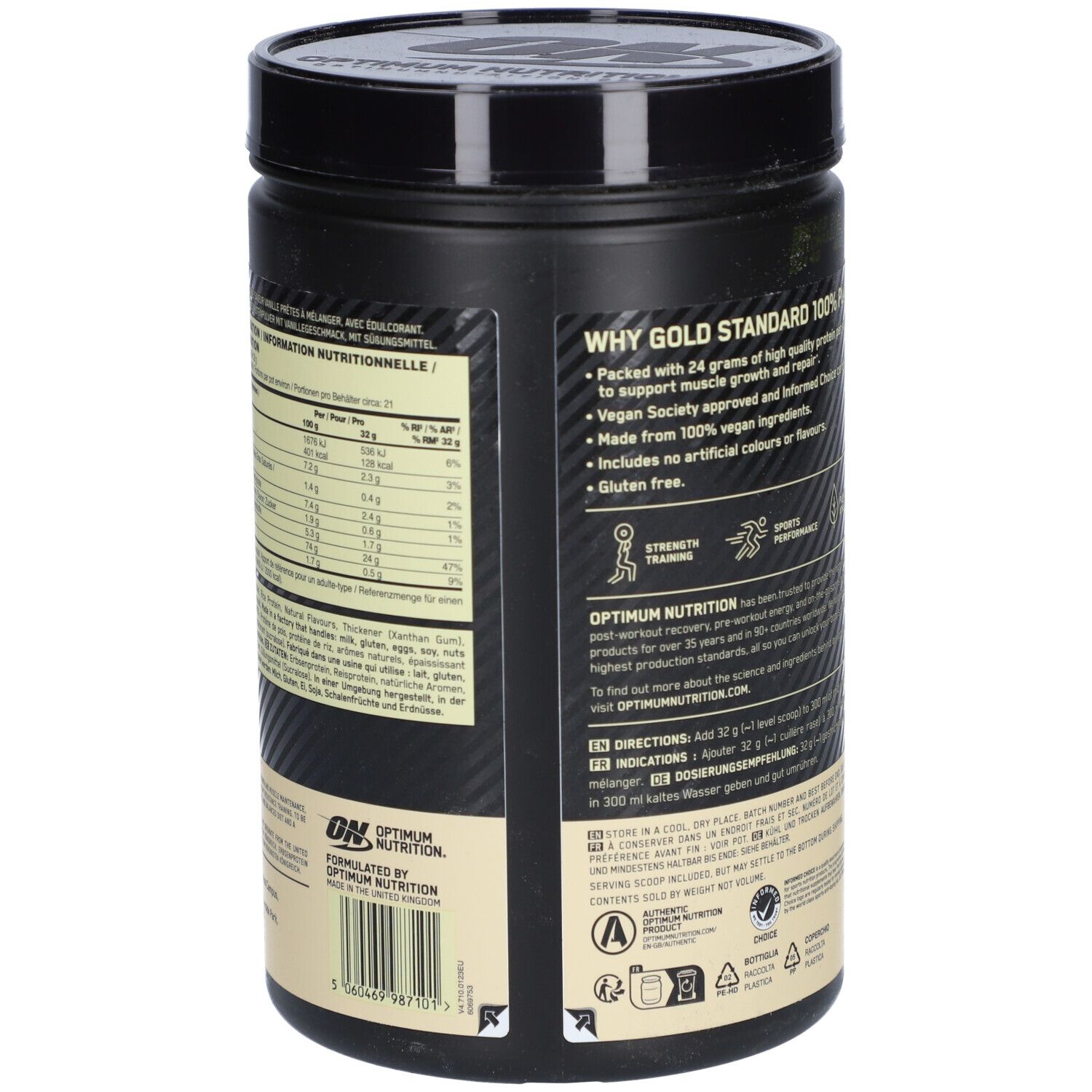 Rückseite der Dose. Text: Warum Gold Standard 100% Plant. Vegan, glutenfrei. Optimum Nutrition Logo.