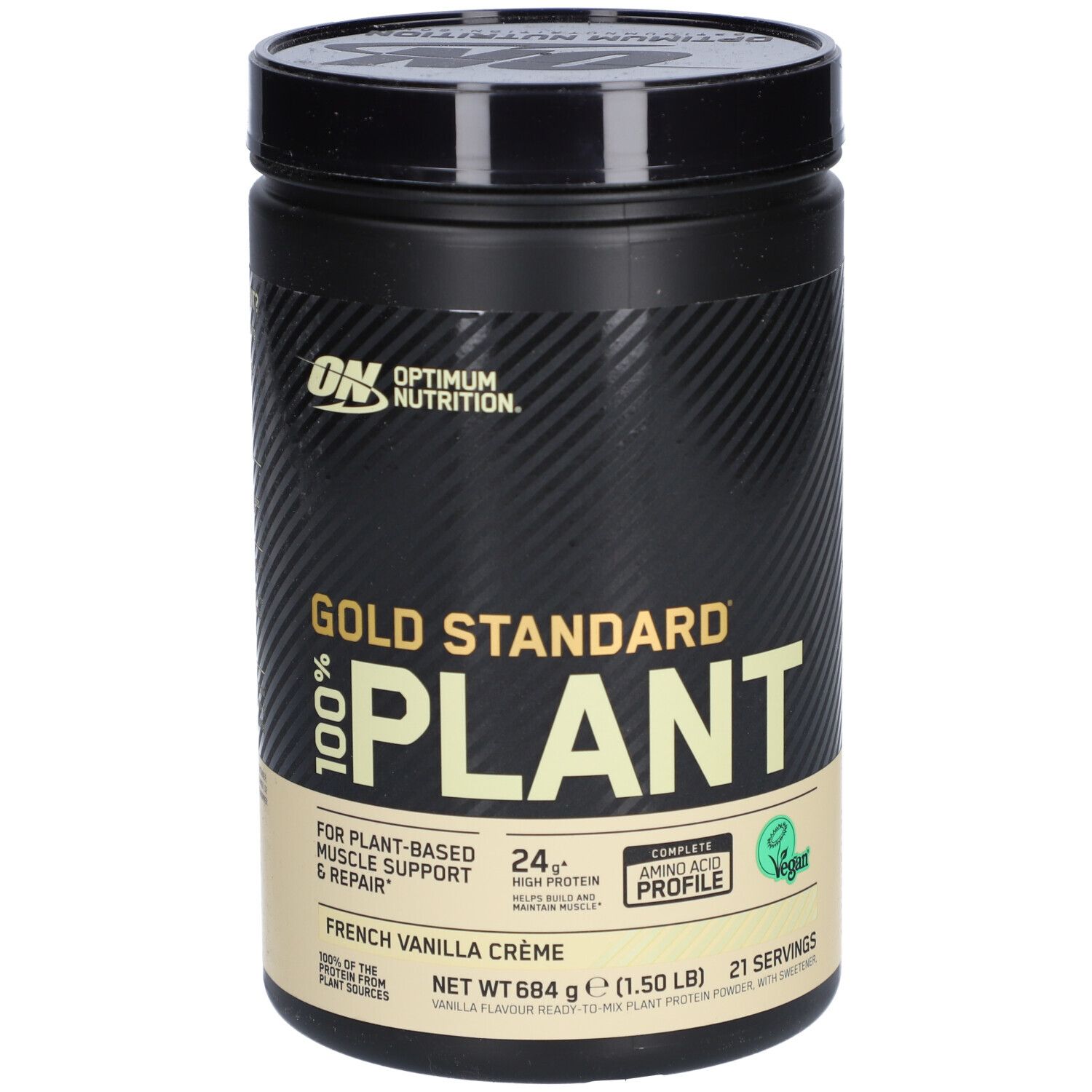 Schwarze Dose mit Produktaufdrucken. Gold Standard Plant Protein, 21 Portionen, vegan. Optimum Nutrition Logo.