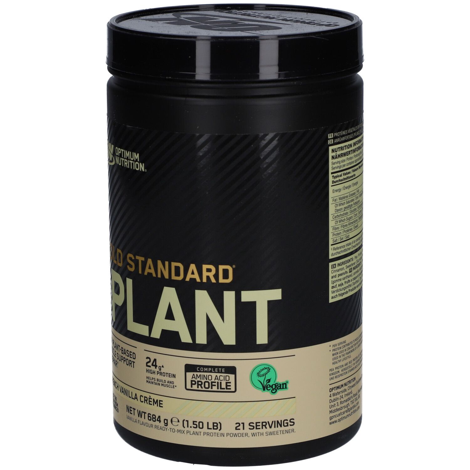 Schwarze Dose mit Produktaufdrucken. Gold Standard Plant Protein, 21 Portionen, vegan. Optimum Nutrition Logo.